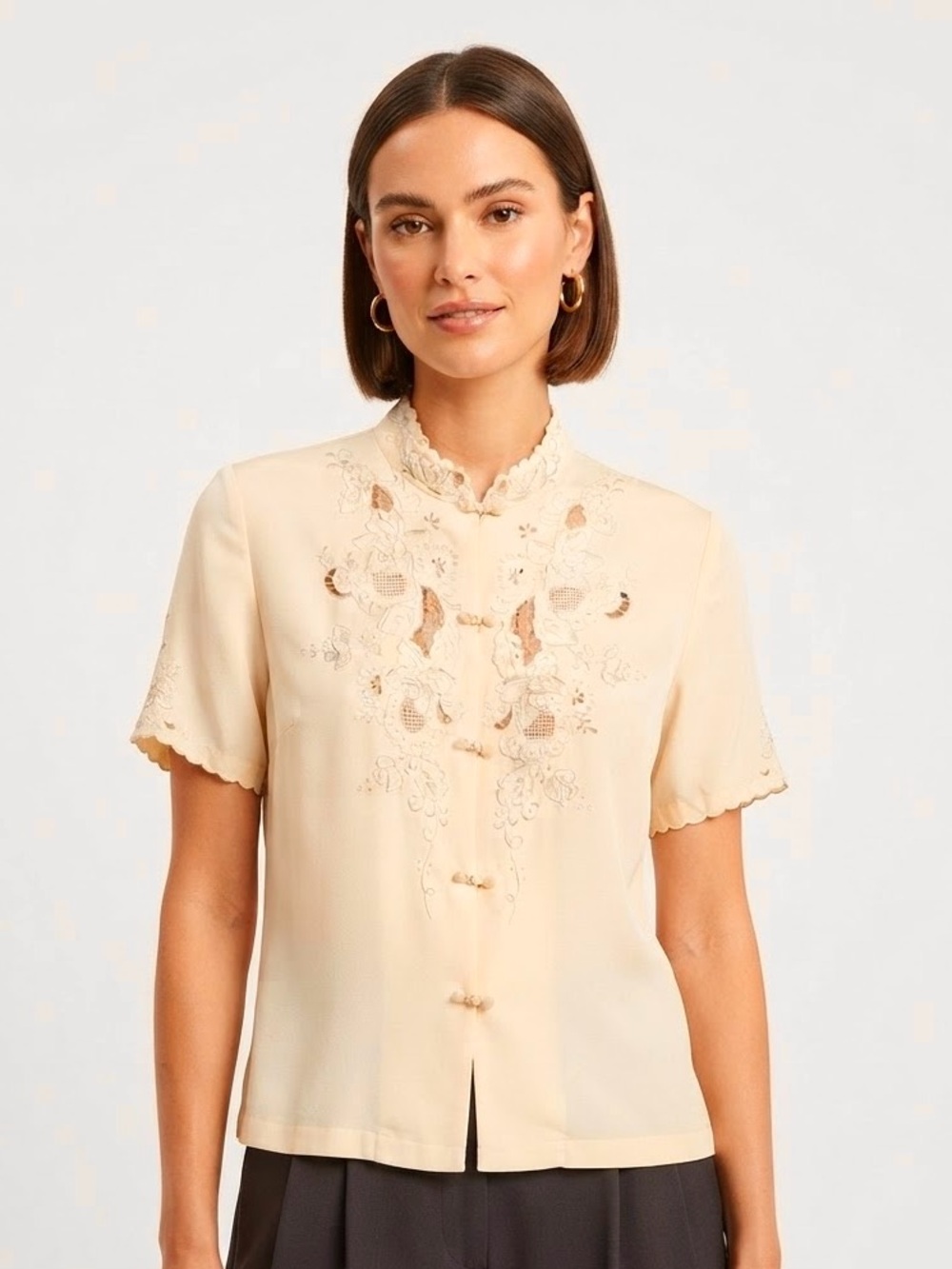 Vintage 100% Silk Embroidered Lace Cutout Blouse Feminine Prairiecore Romantic